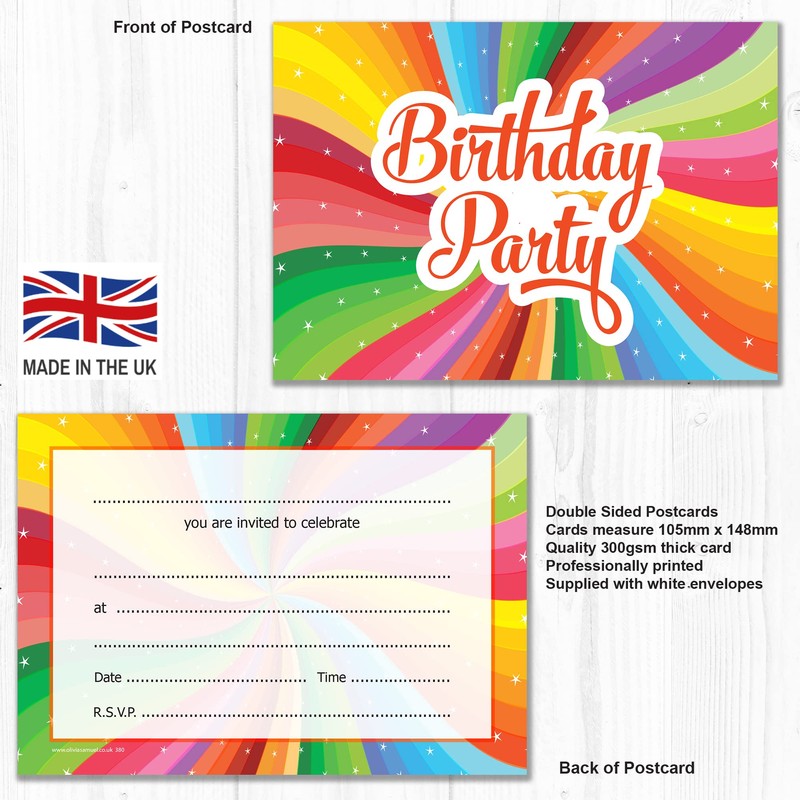 Olivia Samuel 20 x Children's Bright Unisex Birthday Party Invitations.