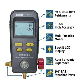 VIVANTECH Digital Refrigerant Manifold Gauge with 93 Refrigerant Databases, HVAC Pressure Gauge for Leak Testing, Backlit LCD, HVAC Diagnostic Tool