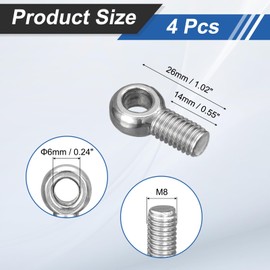 sourcing map 4Pcs M8 x 20mm Lifting Eye Bolts, 304 Stainless Steel Machinery Shoulder Swing Bolt Lifting Ring Eyebolt for Pipeline Gate Valves, Building Steel Pipe Fasteners, Silver