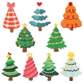 9 piezas de parches para planchar para árbol de Navidad, diseño de búfalo a rayas con parte superior de estrella, árbol de pino de Navidad, para coser y reparar, apliques bordados, lindos festivos