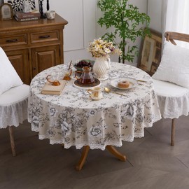 Fantastshop Linen Cotton Round Tablecloth with Black Flower Print - Vintage Spill Proof Table Cloth with Lace Trim - Farmhouse Rustic Black Peony Table Cover for Dining Table 48 Inch Round.