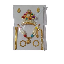 Generic Laddu Gopal No.2 Kanha ji Thakur ji Vastra with Mala mukut Set Laddu Gopal Ji Ka Saman Combo Set with Bansuri for God Krishna Janmashtami Multicolor