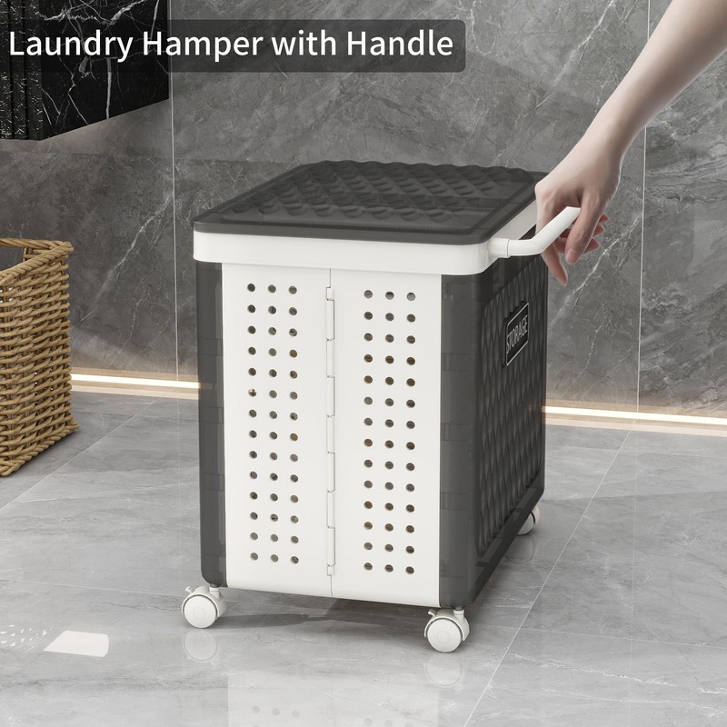 Laundry Hamper with Wheels and Lid, Foldable Clothes Basket for