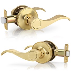 Gaurqiah Brushed Gold Wave Style Passage Door Handle Without Keys, Non-Locking Door Lever for Hallway/Closet in Satin Brass Finish, No Lock Reversible Lever for Left/Right Doors
