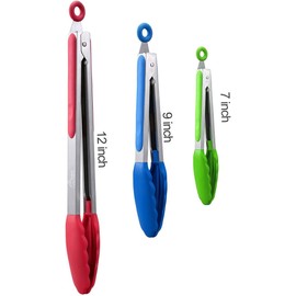 Hotec Tongs for Cooking Kitchen Premium Stainless Steel Locking Kitchen Tongs with Silicon Tips, Set of 3-7", 9" and 12"