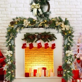 6ft Gold Christmas Garland with Lights, Lighted Xmas Garland with Stars, Flower, Berry Branches, Pre-Lit Christmas Garland Decorations for Indoor Outdoor Mantal Fireplace Banister Porch Decor