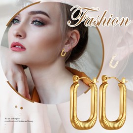 Flongo Women's Gold Chunky Earrings: Rectangular Thick Geometric Stud Earrings Small Hoop Huggie Chunky Folding Hoop Earrings Stainless Steel Gold-Plated Statement Earrings Dupes Fashion Jewellery