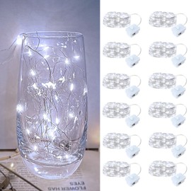 12 Pack Led Fairy Lights - White, Battery Operated LED Silver Wire String Lights, 7FT 20LED Mini Firefly Starry String Lights Waterproof Led Twinkle Lights for Mason Jar DIY Christmas Decor