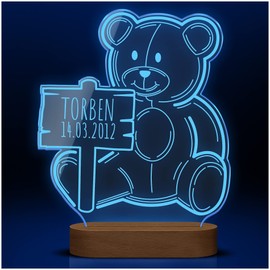 CHRISCK design Bär LED Nachtlicht Kinder mit Deiner Wunsch-Gravur | Hochglanz Acrylglas mit Holzständer und USB-Kabel - verschiedene Einstellungen | Geschenke für Kinder Babys Baby Shower