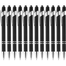 LINFANC 12 Pack Black Silver Ballpoint Pen with Stylus Tip, 1.0 mm Black Ink Smooth Writing Pens, Metal Stylus Pens for Touch Screens