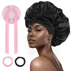 Bigqin Satin Bonnet Silk Bonnet for Sleeping, 2 Pack Hair Bonnet Night Sleep Cap with Tie Band Head Wrap Bonnets for Women and Girls Curly Natural Hair, Black & Pink