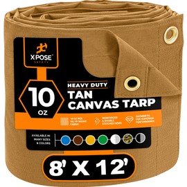 Xpose Safety Canvas Tarp - 10oz Tan Canvas Tarps Heavy Duty Water Resistant with Brass Grommets- Multipurpose Outdoor Tarpaulin for Camping, Canopy, Trailer, Equipment Cover 8' x 12'