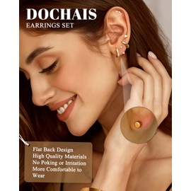 Dochais 6 Pairs Earrings for Women 14K Gold Plated Hypoallergenic Hoops, Huggie Stud Chunky Stacks Earring 316L Surgical Steel Flat Back Earring Set Gold A