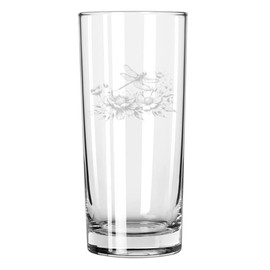 MIP 15 oz Tall Beverage Drinking Glass Highball Tumbler Gift Dragonfly Flower Blooms