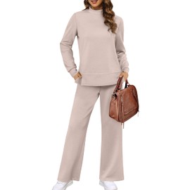 XIEERDUO Womens Loungewear Sets Two Piece Fall Outfits 2 PC Long Sleeve Lounge Set Comfy Travel Tracksuit Vacation Wide Leg Mock Neck Airport Track Suit Women's Winter Cruise Resort Wear Apricot XL