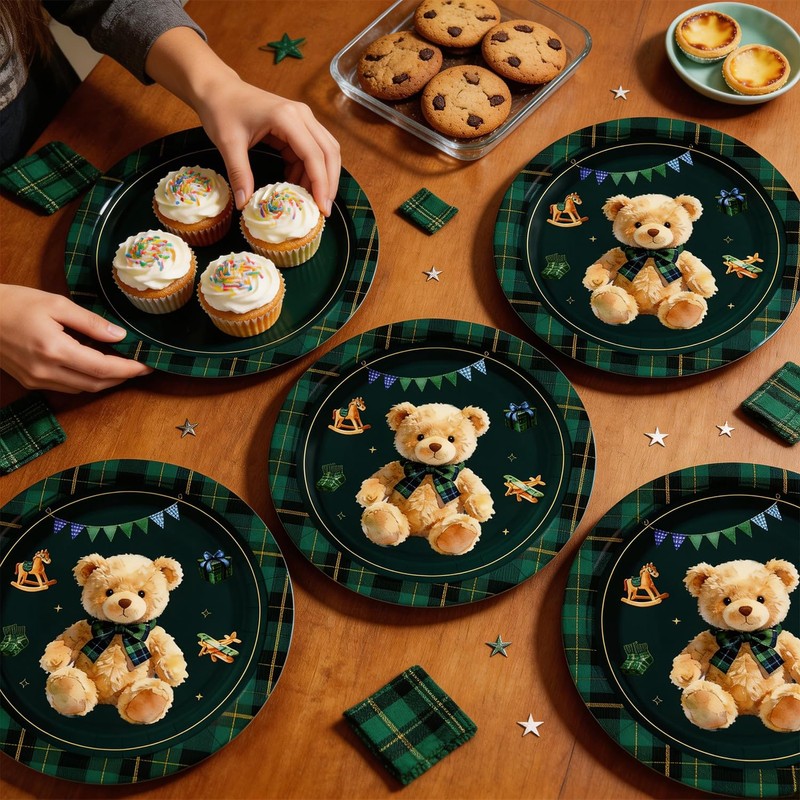 60Pcs Teddy Bear Baby Shower Decorations 7in Green Blue Tartan