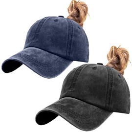 ZEXIAN 2 Pack Womens Vintage Washed Distressed Baseball-Cap with Ponytail Hole Sport Golf Hat (Black+Denim Blue)