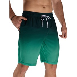 Arcweg Mens Long Swimming Shorts Swim Shorts with Zip Pockets for Men Quick Dry Mens Swimming Trunks Adjustable Drawstring Board Shorts Surf Beach Shorts Black Green Gradient M