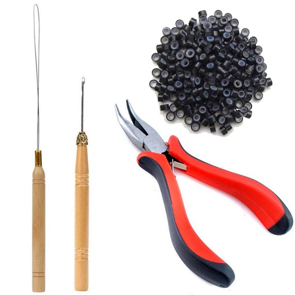 TIHOOD Hair Extension Kit Pliers Pulling Hook Bead Device Tool Kits and 200PCS Black Silicone Lined Micro Rings