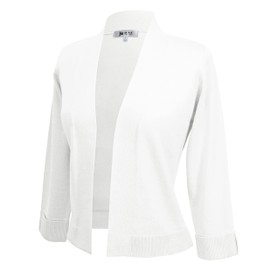 YEMAK Women's Crop Cardigan Sweater – 3/4 Sleeve Open Front Classic Basic Knit Bolero Cropped Soft Lightweight Knitted Top MK3558-WHT-L White