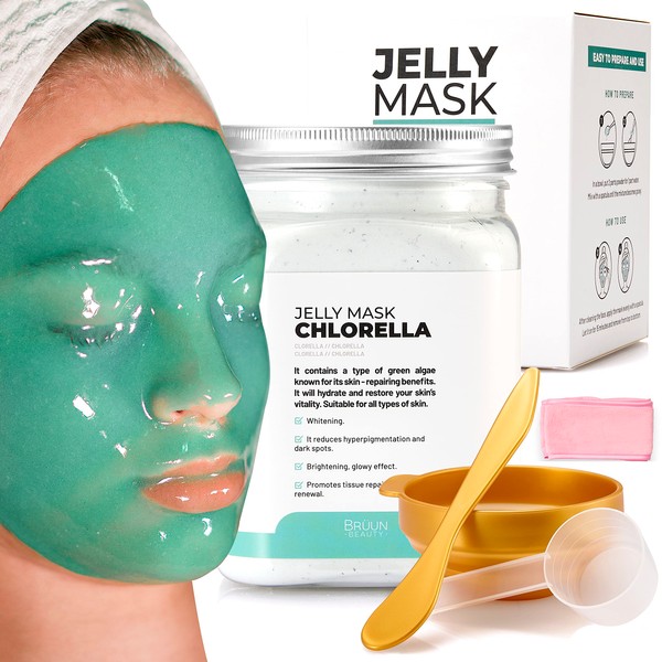 BRÜUN Jelly Mask Jar Chlorella Peel-Off Face Care Rubber Mask - A 23 fl oz Skin Care Moisturizing Gel Mask Jar Spa Set for Men, Women and Adults on Formal Gatherings and Events