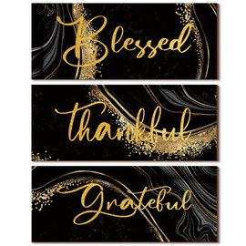 Gerrii 3 Pcs Thankful Grateful Blessed Wall Decor for Thanksgiving Christmas Abstract Marble Style Wall Decor Art Modern Wooden Hanging Wall Signs Plaque for Home Living Room Family(Classic Style)
