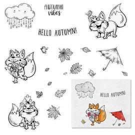 Hello Autumn Clear Stamps for Card Making, Squirrel Sentiments Words Animal Fox Umbrella Leaves Rain Fall Clear Rubber Stamp for Holiday Card Making Decoration and DIY Scrapbooking Album DIY Crafts