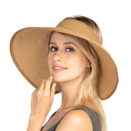 Women Sun Visors Foldable Straw Hats Summer Beach Packable Hat Floppy Wide Brim Cap Big Heads Sombrero (Khaki)