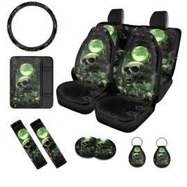 Wanzuoeng Universal Fit Car Seat Cover Full Set, Moon Skull Rose Print Automotive Seat Covers & Accessories Full Set of 12, Easy to Install Automotive Vehicle Seat Cover for Vehicle SUV Sedan