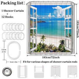 Simpomsy Beach Shower Curtain, 3D Ocean Seascape Sky Clounds Nature Tropical Palm Tree Seagull Window Views Anti Mould Bath Curtains for Bathroom 200x180cm