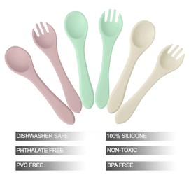 PandaEar Silicone Baby Spoon and Fork Set | 6 Pack First Stage Toddler Self Feeding Utensils 6-12 Months, 3 spoons & 3 forks | LED Weaning Spoons
