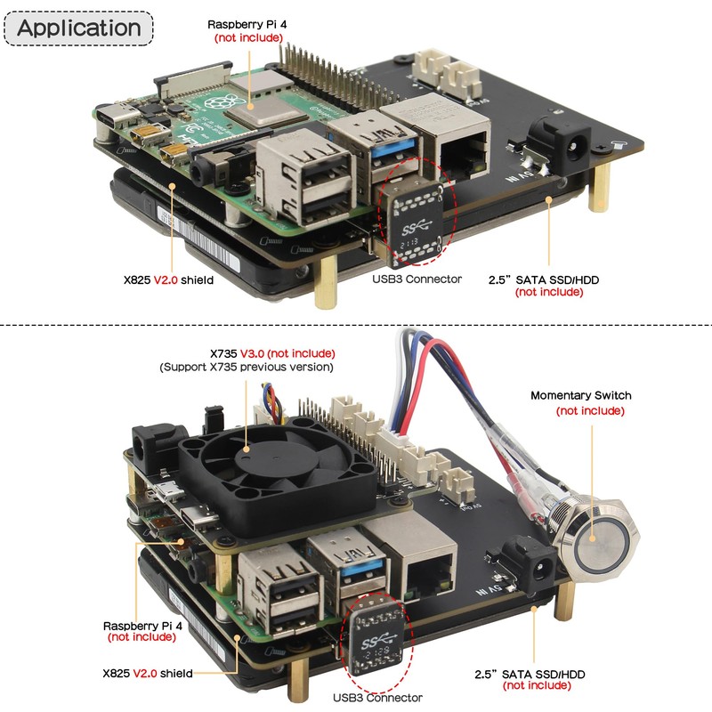 Geekworm para almacenamiento Raspberry Pi 4 SATA, X825 V2.0 2.5
