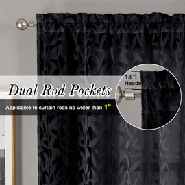 Lecloud Leia Jacquard Textured Black Semi Sheer Curtains 45 Inch Length 2 Panels, Balance Light & Privacy Clip Leaf Voile Curtain for Living Room, Dual Rod Pockets Bedroom Short Drapes, 38x45 Inches