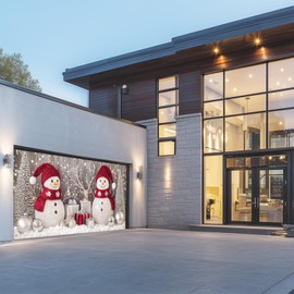 IVN Christmas Garage Door Banner 6x13 ft Red and Silver Snowman Scene Backdrop Garage Door Covers Decorative Holiday Garage Door Cover Mural Winter Wonderland Decor