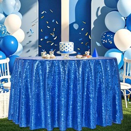 QueenDream Royal Blue Wedding Decorations Round Tablecloth: 132 Inch Sequin Tablecloth for Party Banquet Garden Party