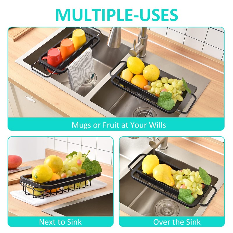 TOOLF Expandable Sink Caddy with Dish Towel Bar, Adjustable Over-The-Sink