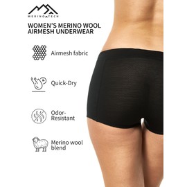 Merino.tech Merino Wool Underwear Women Boxer Briefs Breathable Boy Shorts Dry Fit Base Layer for Women (Airmesh Black Pack of 1, X-Small - Small)
