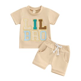 Toddler Baby Boy Girl Clothes Big Sister/Brother Little Sister/Brother Matching Outfits Summer Shorts Sets (Lil Bro Khaki, 12-18 Months)