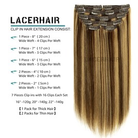 Lacerhair Real Human Hair Clip in Extensions 18 Inch Chocolate Brown Lowlight Light Golden Brown P#4/12 Salon Quality Remy Hair Clip in Extensions Silky Straight Hair Pieces 7pcs 120G