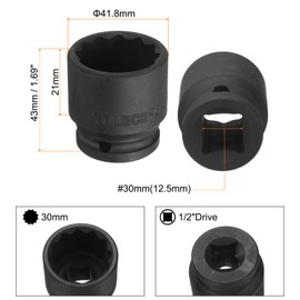 uxcell 1/2" Drive x 30mm Shallow Impact Socket 12-Point Metric CR-MO Steel Nut Impact Grade Socket for Auto Repair