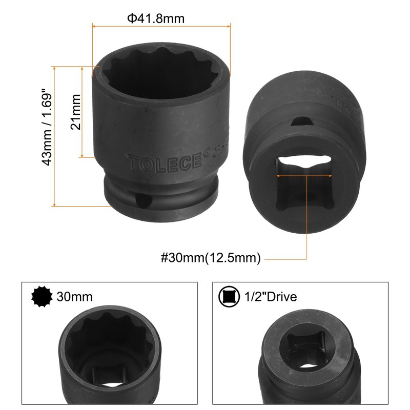 uxcell 1/2" Drive x 30mm Shallow Impact Socket 12-Point Metric