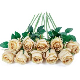 Flojery 10pcs Artificial Rose Flowers Long Stem Fake Silk Roses for DIY Wedding Bouquet Table Centerpiece Home Decor,Champagne