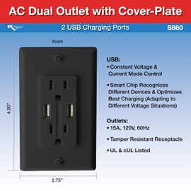 RV Designer S860, AC Dual Outlet with Cover & 2 USB Charge Ports, Black