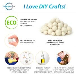 Glaciart One Wool Felt Balls, Felt Ball (50 Pieces) Mixed Sizes from 1 to 3 Centimeters, Handmade Felted Pure White Color - Bulk Small Puff for Felting and Garland