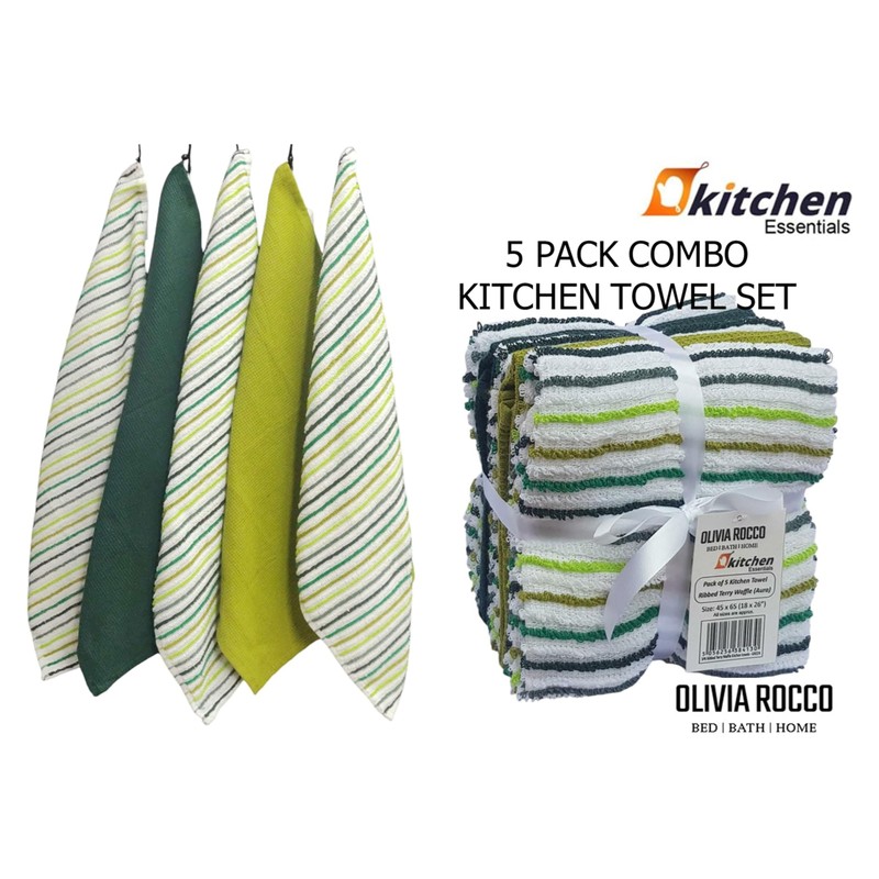 Olivia Rocco 5 Pack Striped Kitchen Tea Towels Cotton Super