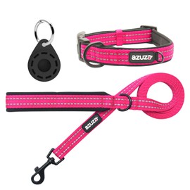 azuza Durable Padded Dog Leash and Collar Set, with Airtag Holder and Reflective Strip, Extra Safe and Comfy for Large Dogs,Hot Pink