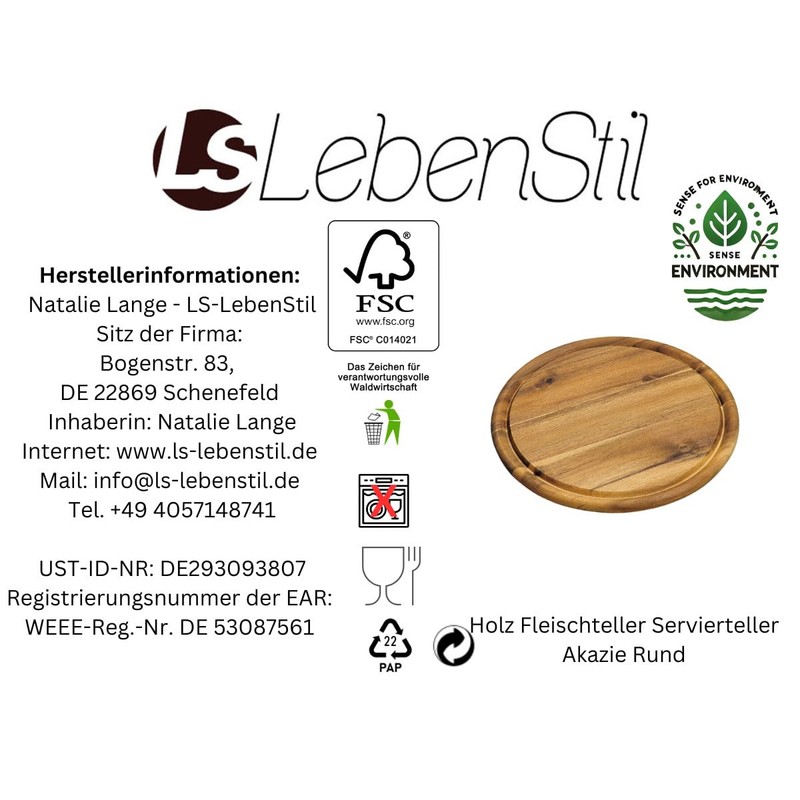 LS-LebenStil XL Pizza Plate 32 cm Round Bamboo Wood FSC
