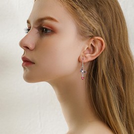 Gnteey 925 Sterling Silver Butterfly Earrings Heart Cut Garnet Amethyst Emerald Leverback Dangle Earrings for Women, Sterling Silver, Garnet