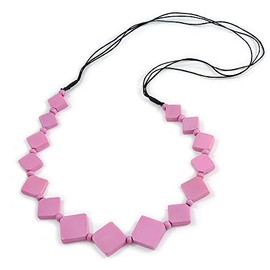 Avalaya Long Lavender Pink Bone Square Bead Black Cotton Cord Necklace - 82cm L