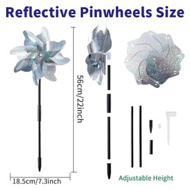 10 Pieces 21 Inches Silver Reflective Pinwheels with Stakes, Windmill Wind Spinners for Outdoor Garden Lawn Yard Decor, Christmas Decoration, Large Foil Pin Wheels for Bird and Animal Deterrent